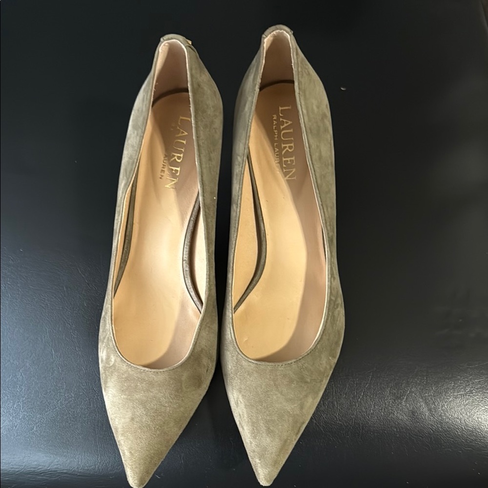 Ralph Lauran Olive Suede Pointed Toe Pumps